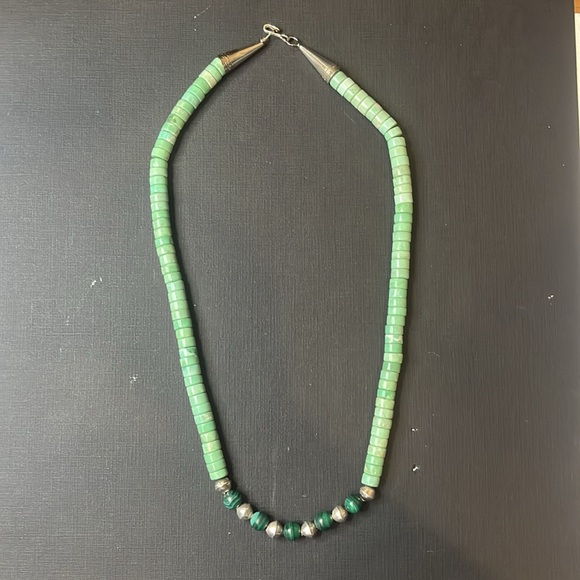 Native American light green turquoise necklace with malachite and silver beads